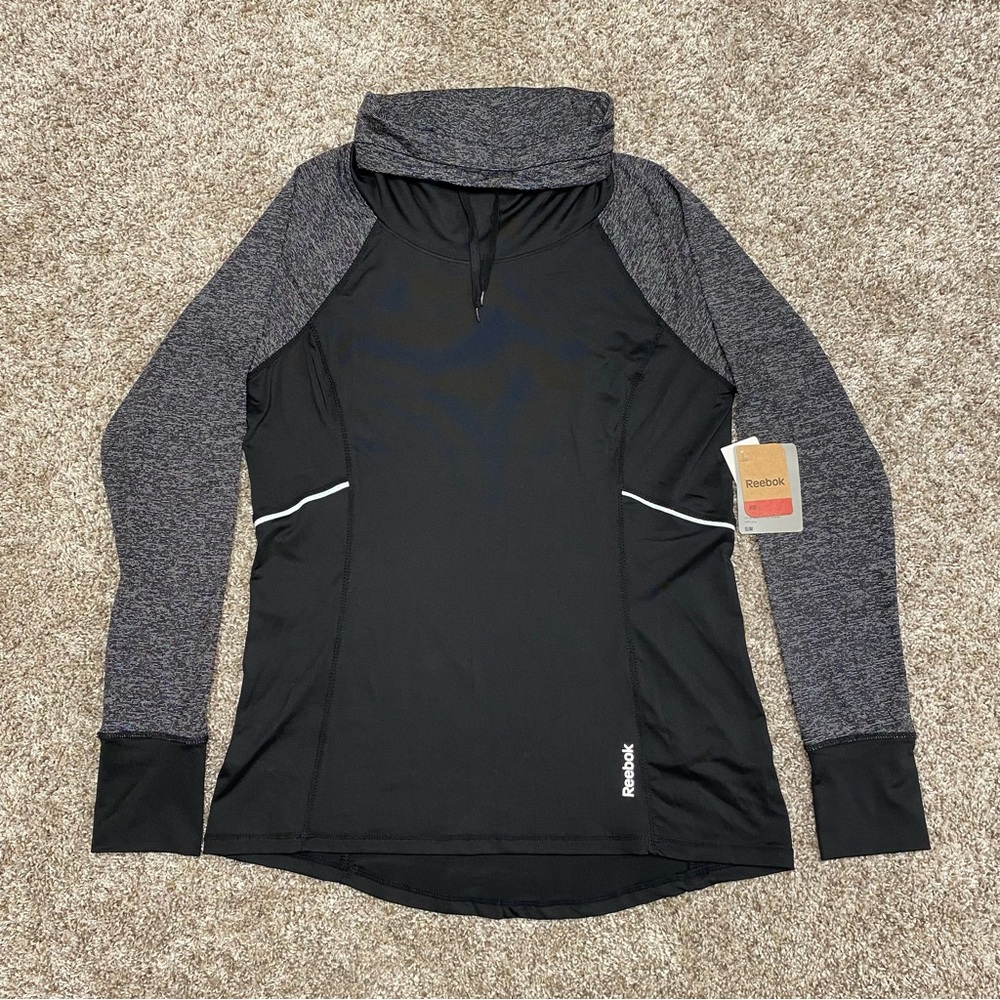 Reebok Black & Gray Athletic Long Sleeve High Neck Running Top Shirt Size Large